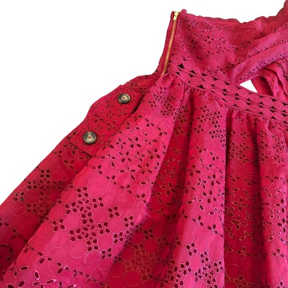 Self-Portrait One Shoulder Cranberry Red Eyelet Lace Dress A-Line Cutout Size 8 - Picture 11 of 15